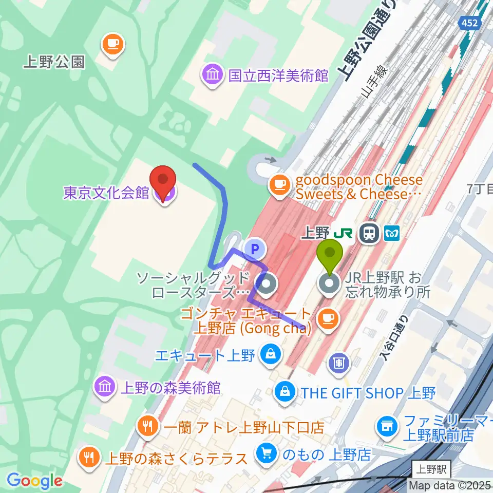 東京文化会館の最寄駅上野駅からの徒歩ルート（約3分）地図