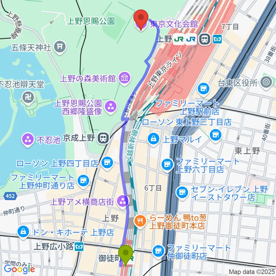 御徒町駅から東京文化会館へのルートマップ地図