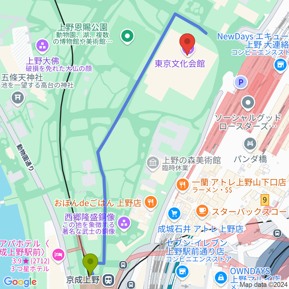 京成上野駅から東京文化会館へのルートマップ地図