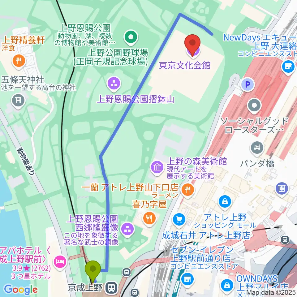 京成上野駅から東京文化会館へのルートマップ地図