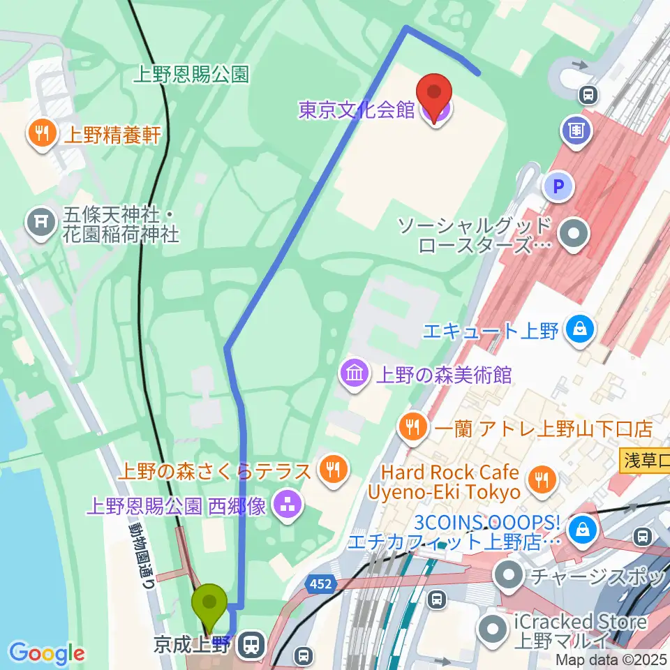 京成上野駅から東京文化会館へのルートマップ地図