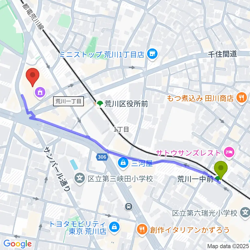 荒川一中前駅からサンパール荒川へのルートマップ地図