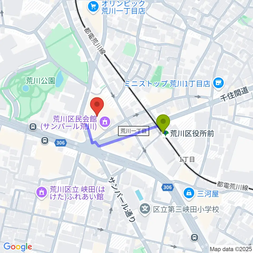 サンパール荒川の最寄駅荒川区役所前駅からの徒歩ルート（約2分）地図