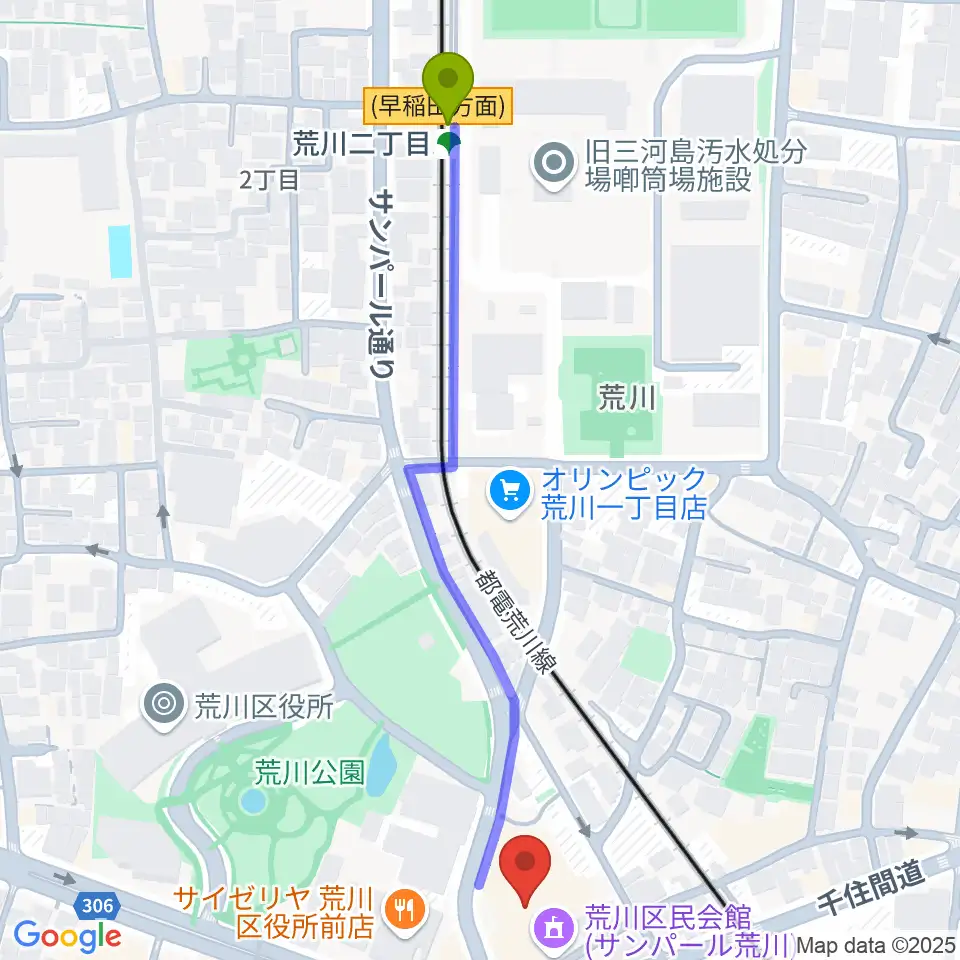 荒川二丁目駅からサンパール荒川へのルートマップ地図
