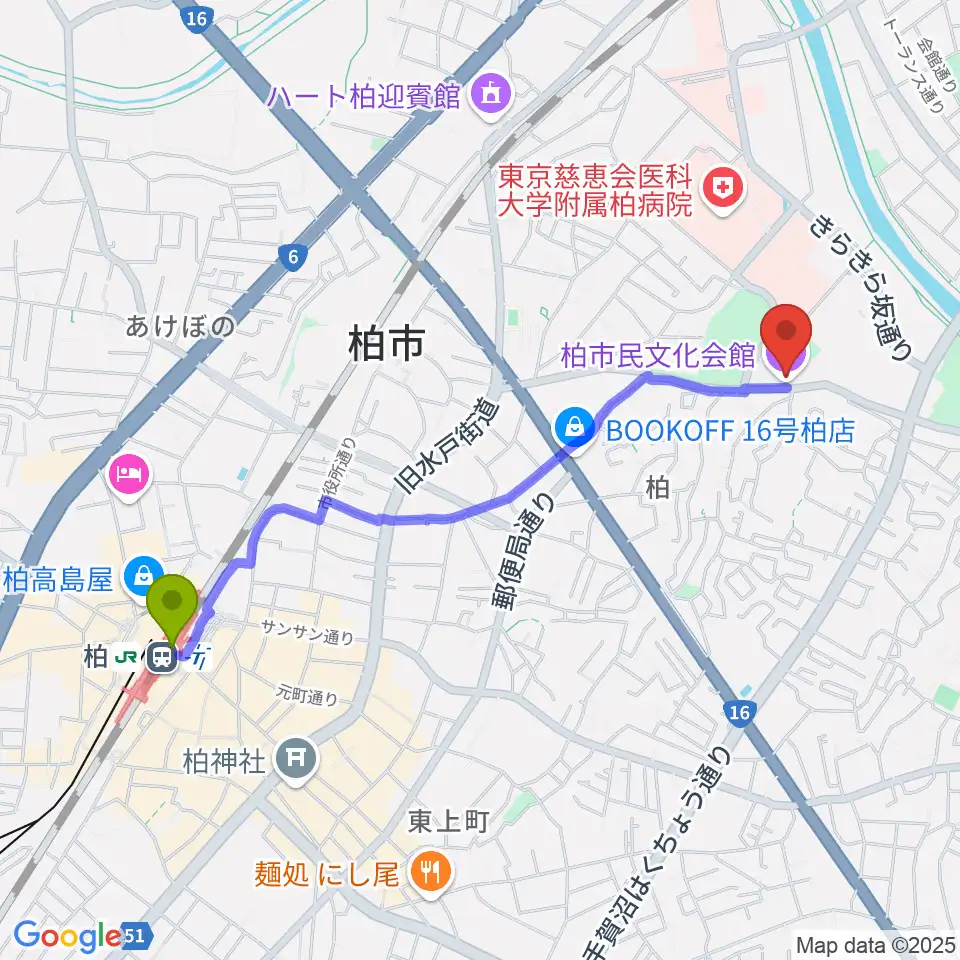 柏駅から柏市民文化会館へのルートマップ地図