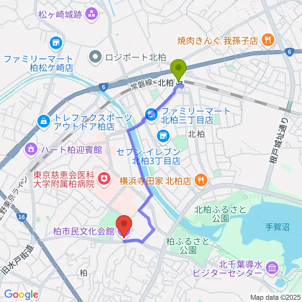 柏市民文化会館の最寄駅北柏駅からの徒歩ルート（約17分）地図