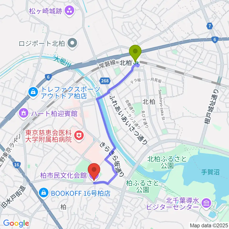 柏市民文化会館の最寄駅北柏駅からの徒歩ルート（約17分）地図