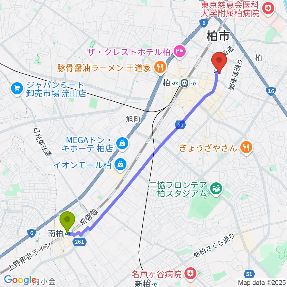 南柏駅からアミュゼ柏へのルートマップ地図