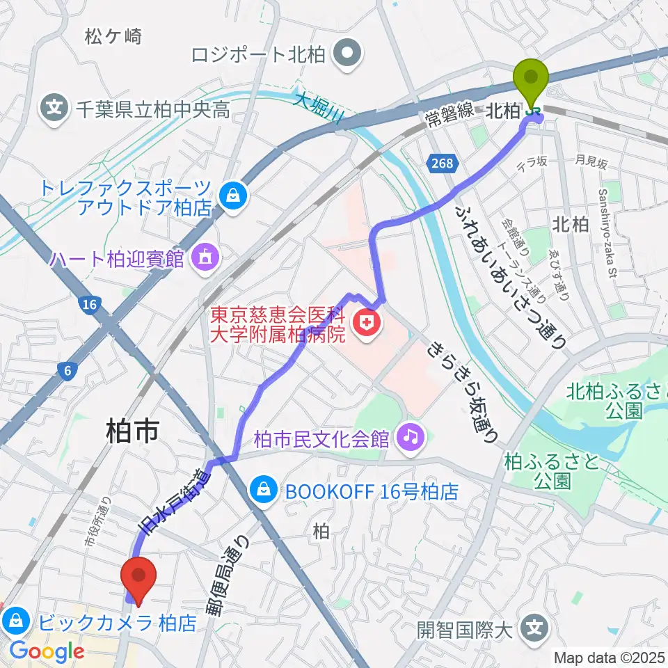 北柏駅からアミュゼ柏へのルートマップ地図