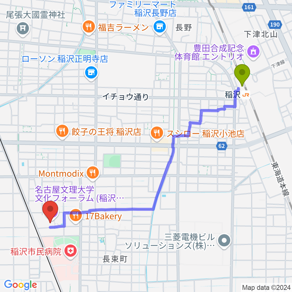 稲沢駅から名古屋文理大学文化フォーラムへのルートマップ地図