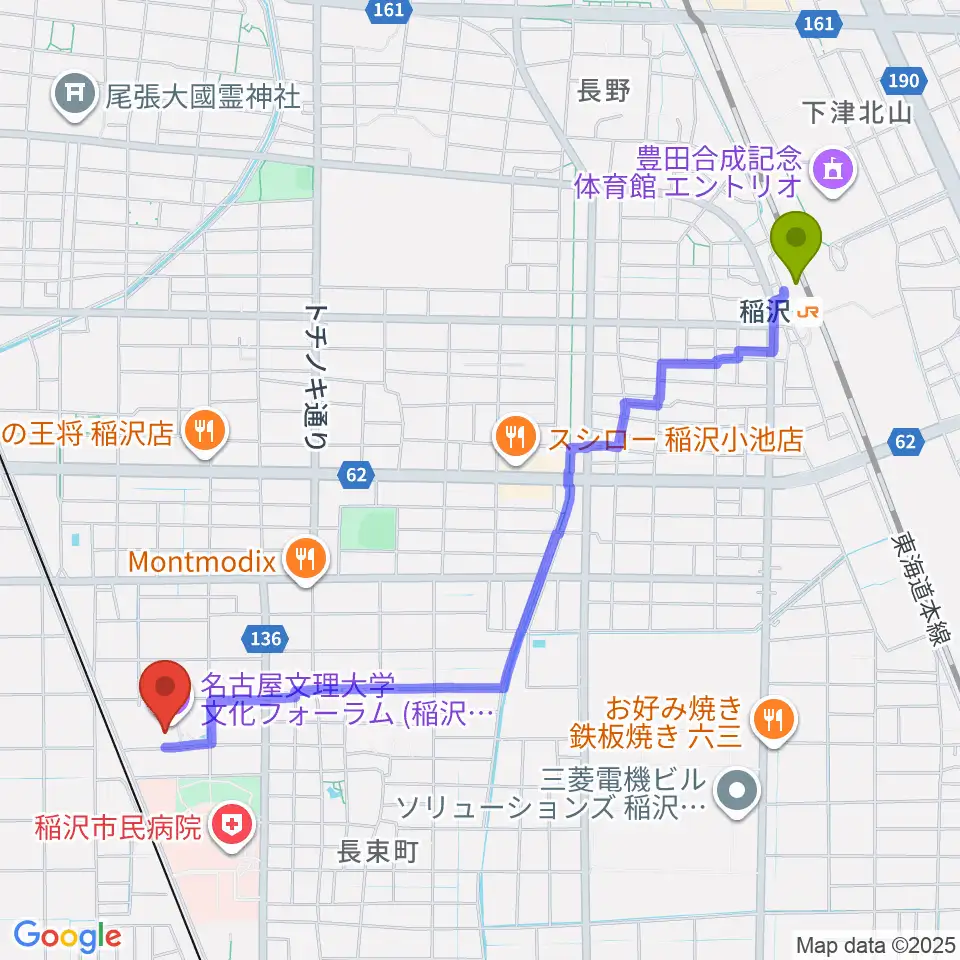稲沢駅から名古屋文理大学文化フォーラムへのルートマップ地図