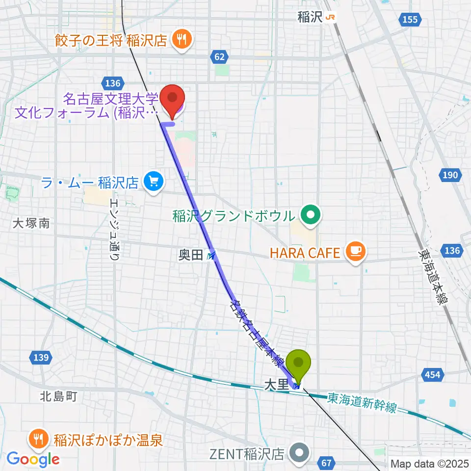 大里駅から名古屋文理大学文化フォーラムへのルートマップ地図