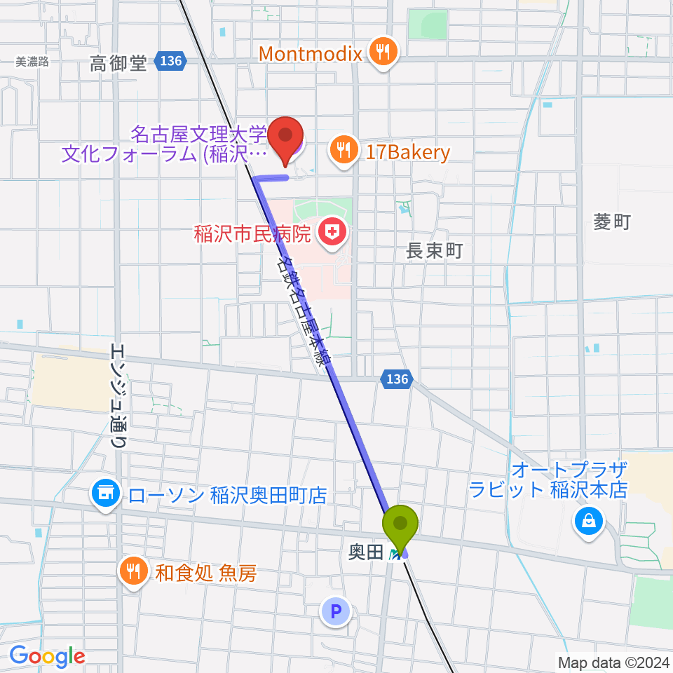 奥田駅から名古屋文理大学文化フォーラムへのルートマップ地図