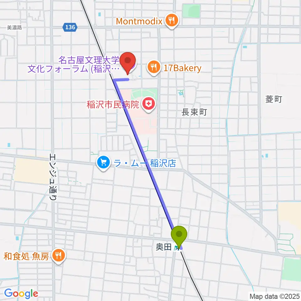 奥田駅から名古屋文理大学文化フォーラムへのルートマップ地図