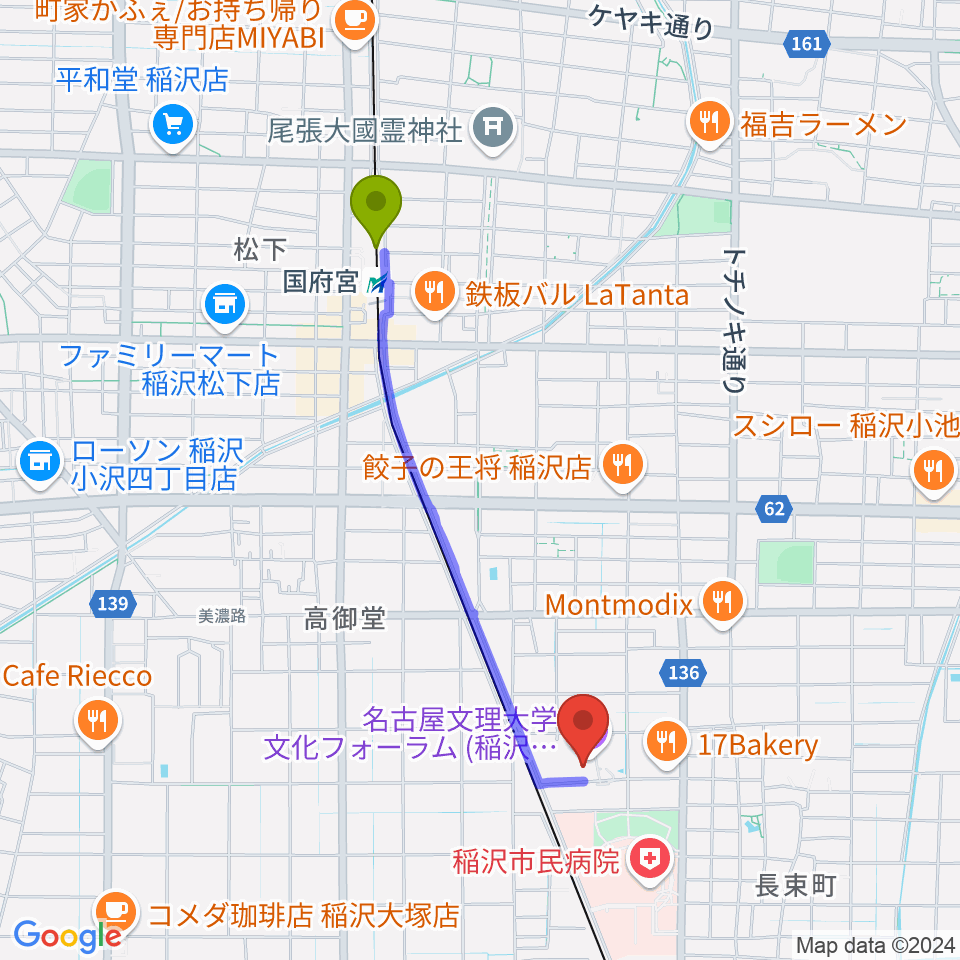 名古屋文理大学文化フォーラムの最寄駅国府宮駅からの徒歩ルート（約18分）地図