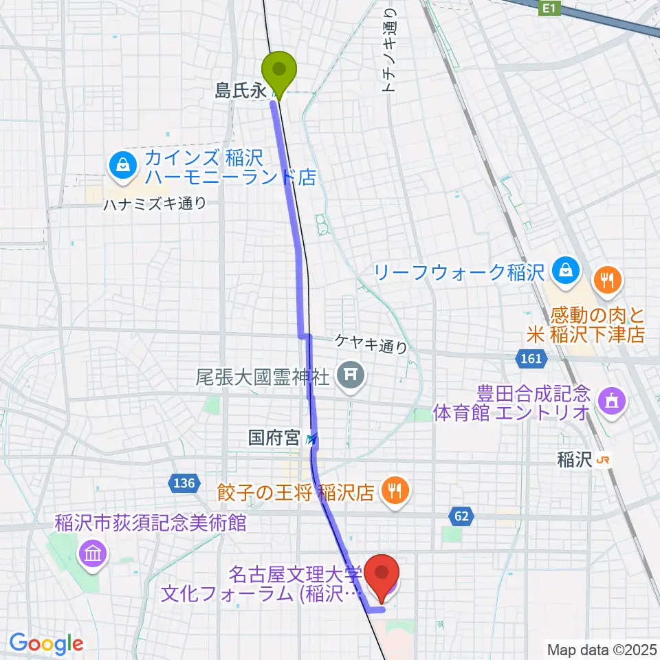 島氏永駅から名古屋文理大学文化フォーラムへのルートマップ地図