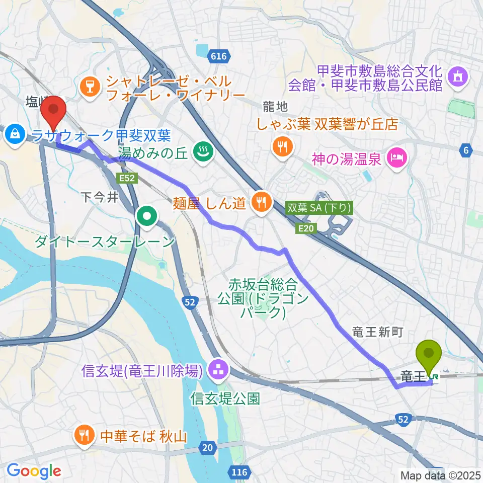 竜王駅から甲斐市双葉ふれあい文化館へのルートマップ地図