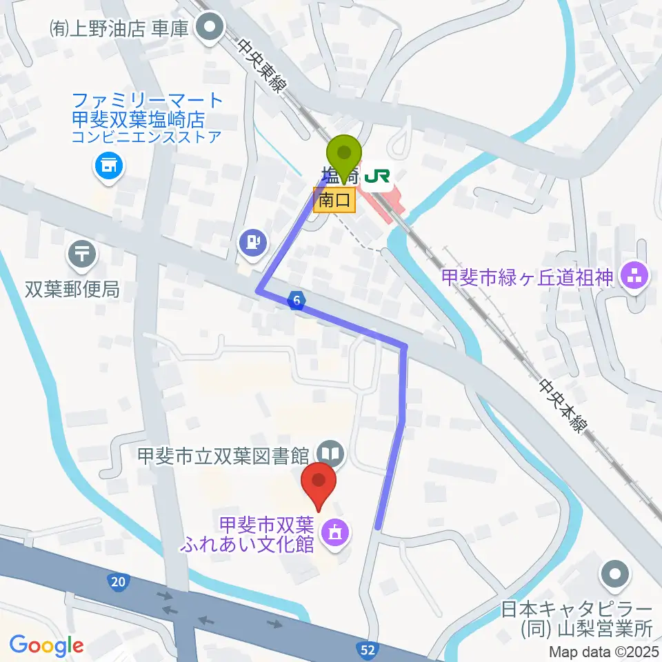 甲斐市双葉ふれあい文化館の最寄駅塩崎駅からの徒歩ルート（約4分）地図