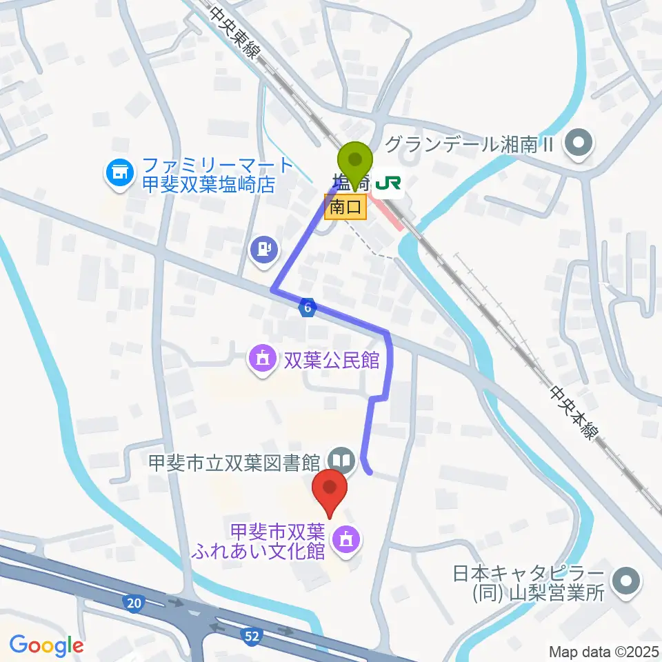 甲斐市双葉ふれあい文化館の最寄駅塩崎駅からの徒歩ルート（約4分）地図