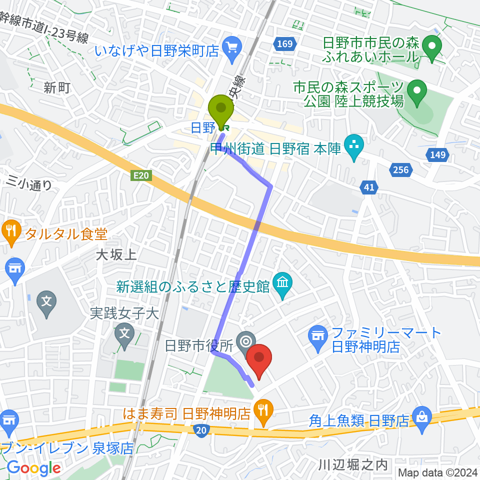 ひの煉瓦ホールの最寄駅日野駅からの徒歩ルート（約16分）地図