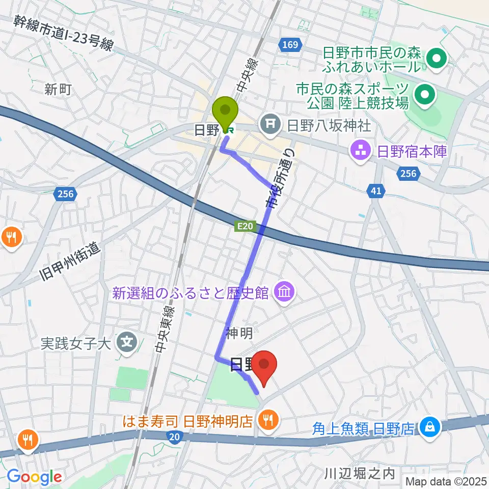 ひの煉瓦ホールの最寄駅日野駅からの徒歩ルート（約16分）地図