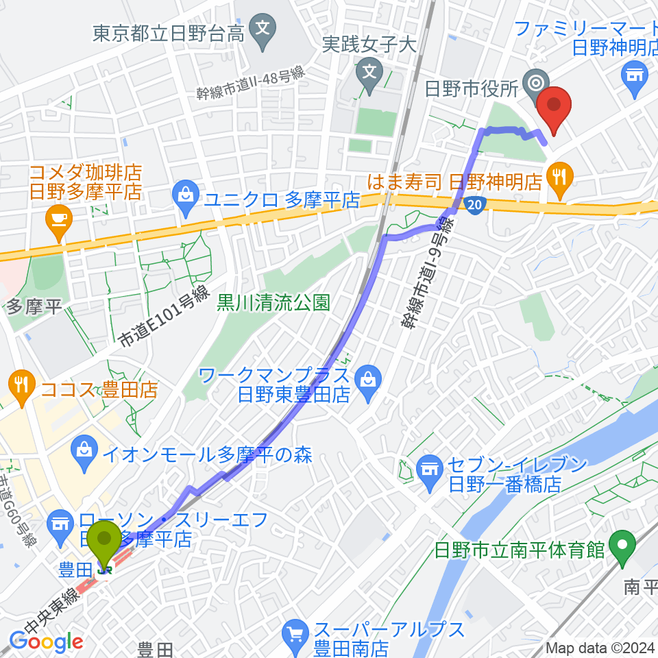 豊田駅からひの煉瓦ホールへのルートマップ地図