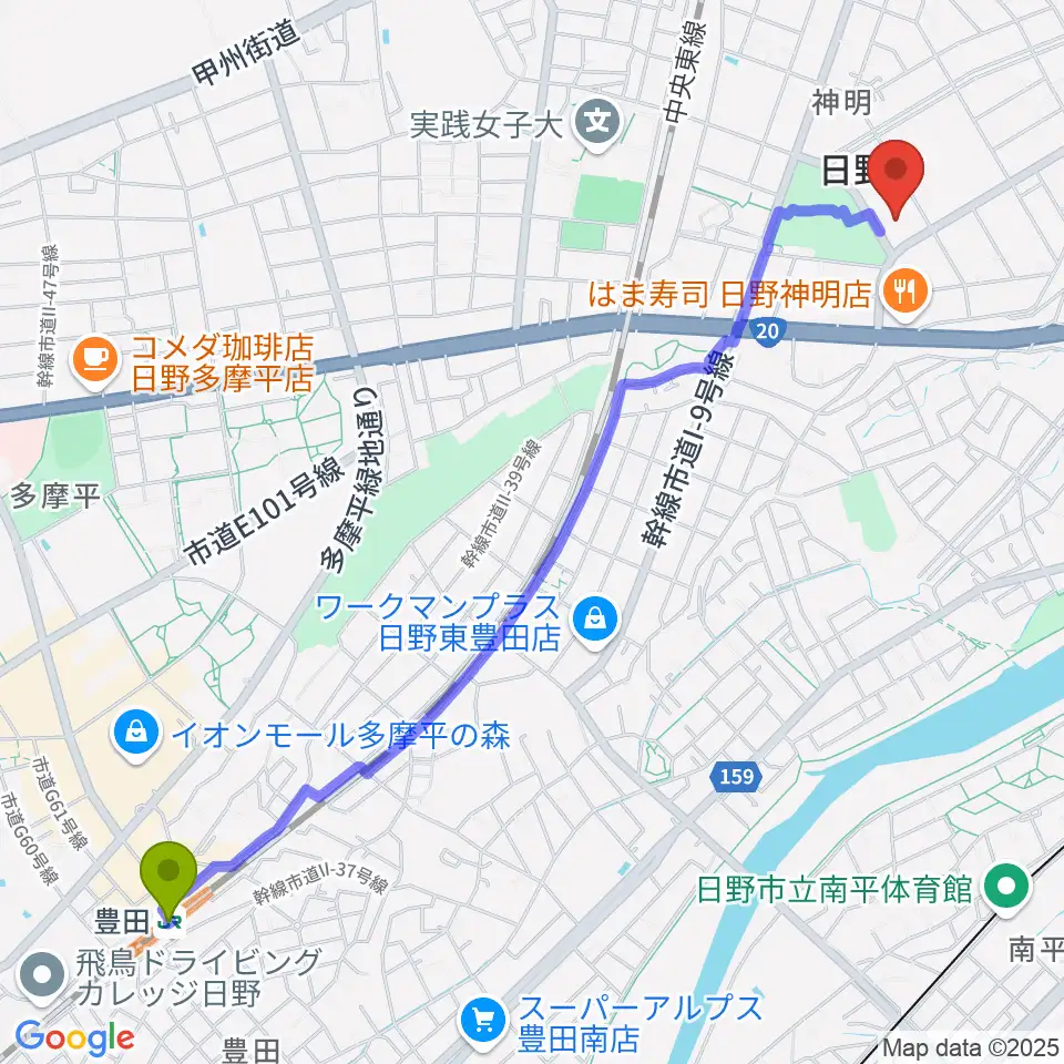 豊田駅からひの煉瓦ホールへのルートマップ地図