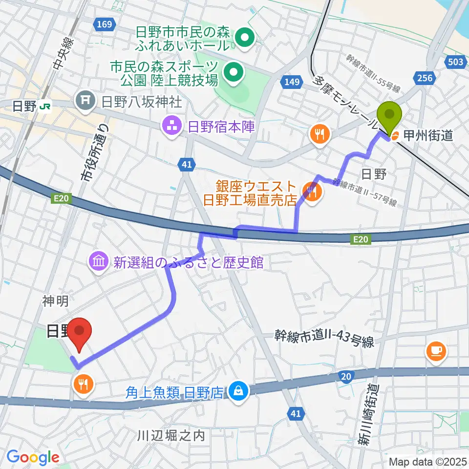 甲州街道駅からひの煉瓦ホールへのルートマップ地図