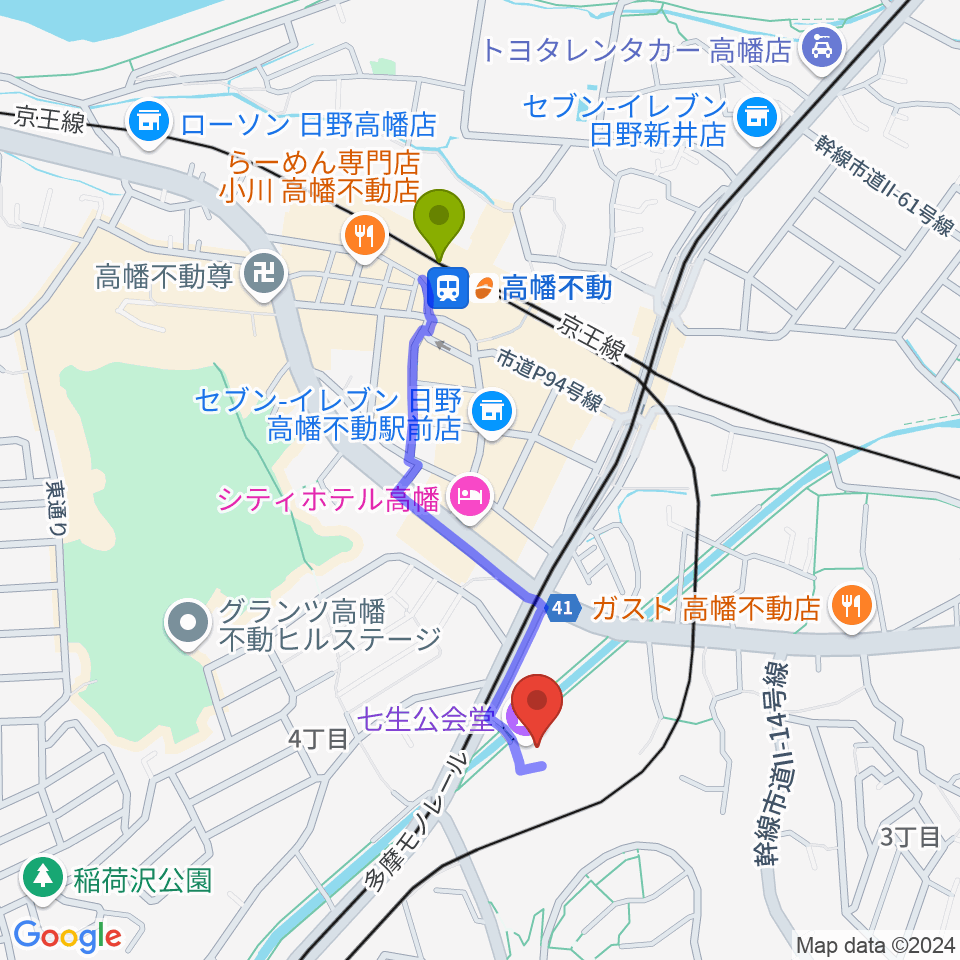 高幡不動駅から七生公会堂へのルートマップ地図