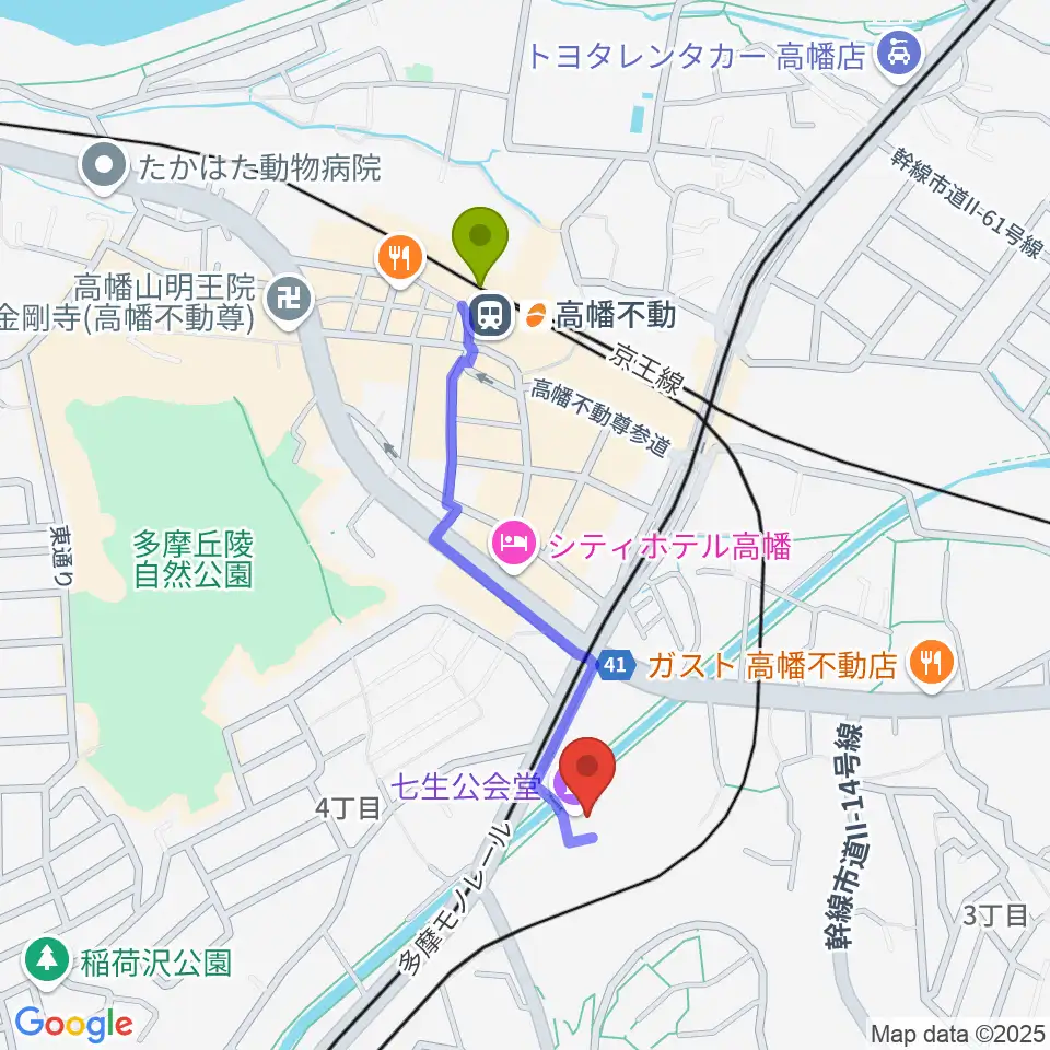 高幡不動駅から七生公会堂へのルートマップ地図