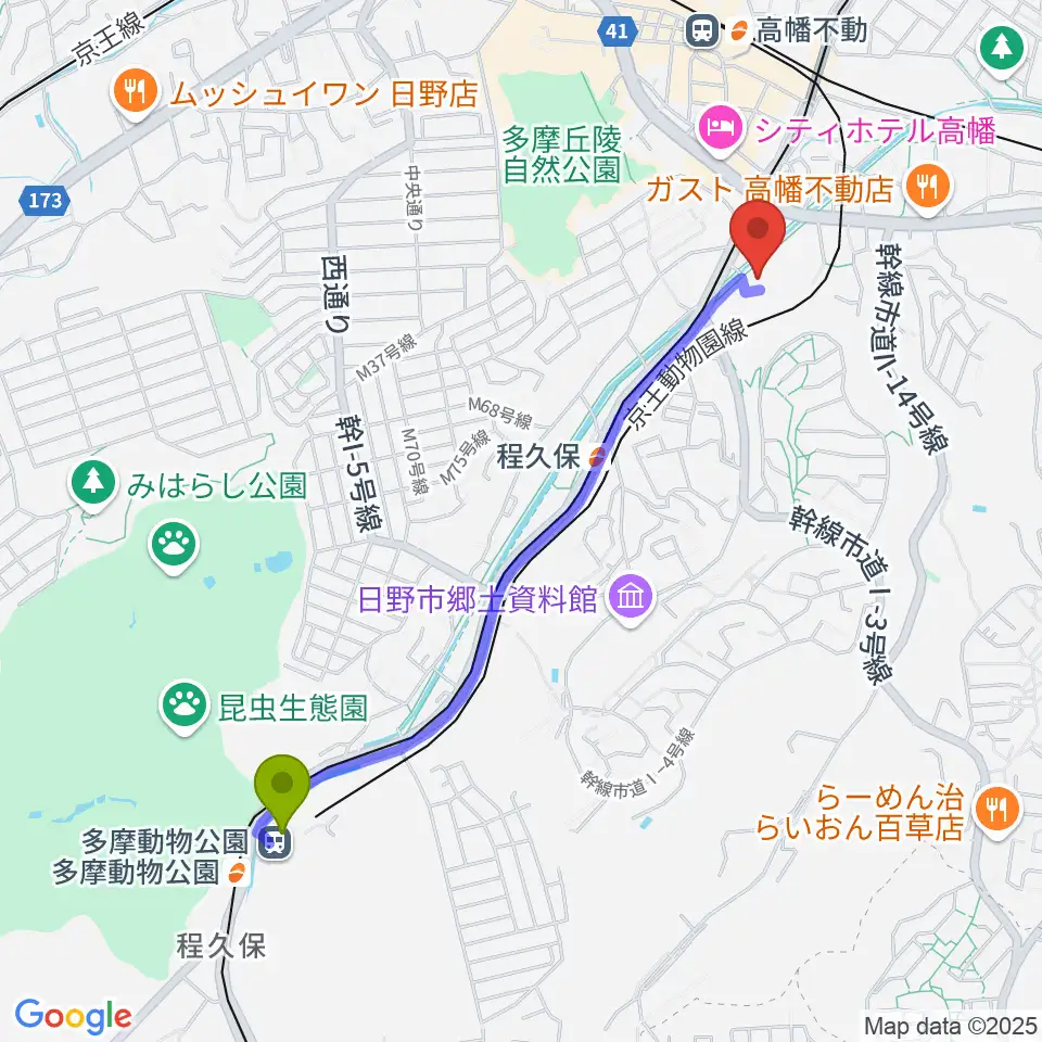 多摩動物公園駅から七生公会堂へのルートマップ地図