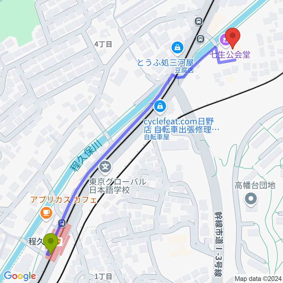 七生公会堂の最寄駅程久保駅からの徒歩ルート（約8分）地図