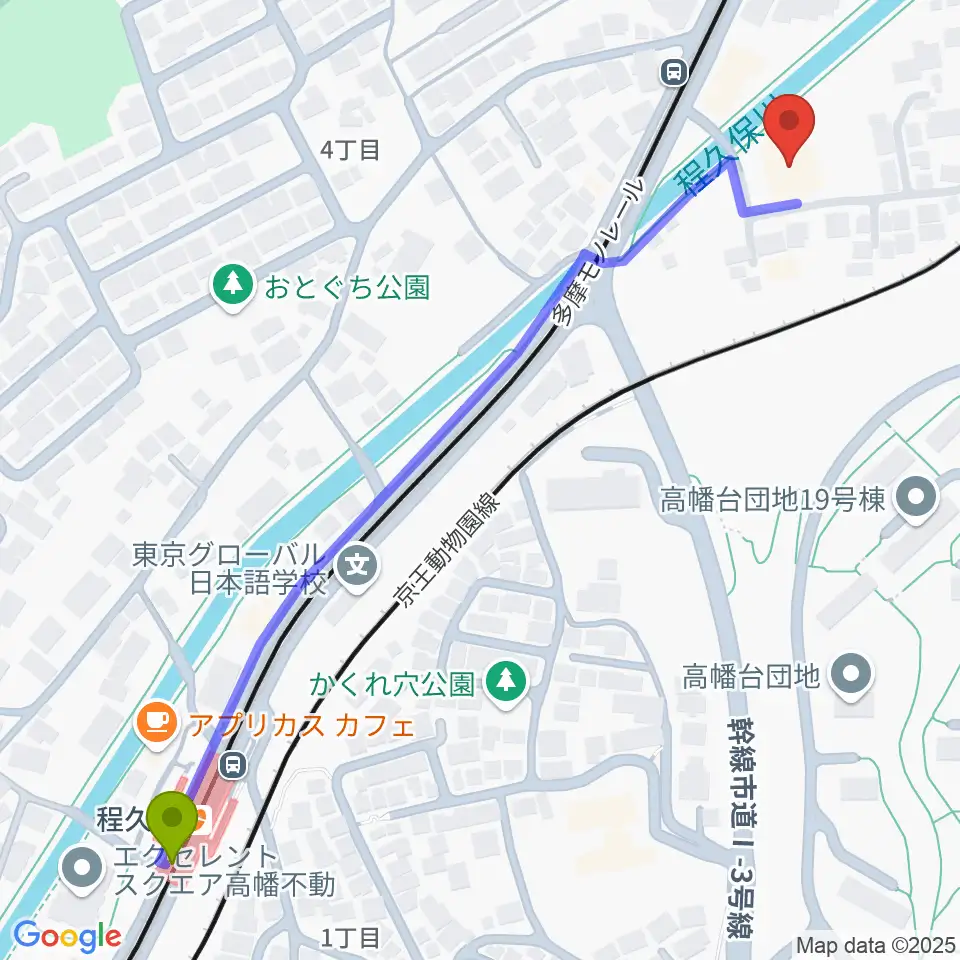 七生公会堂の最寄駅程久保駅からの徒歩ルート（約8分）地図