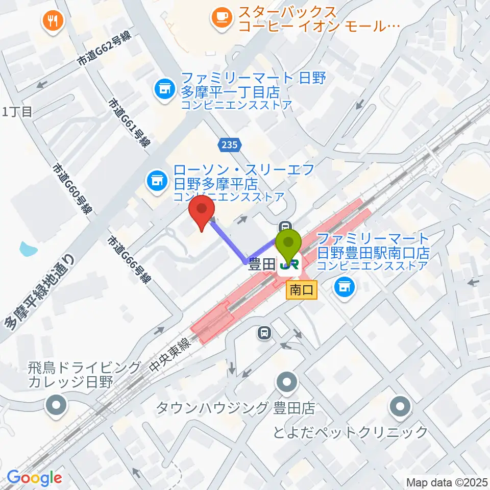 ひの市民活動支援センターの最寄駅豊田駅からの徒歩ルート（約1分）地図