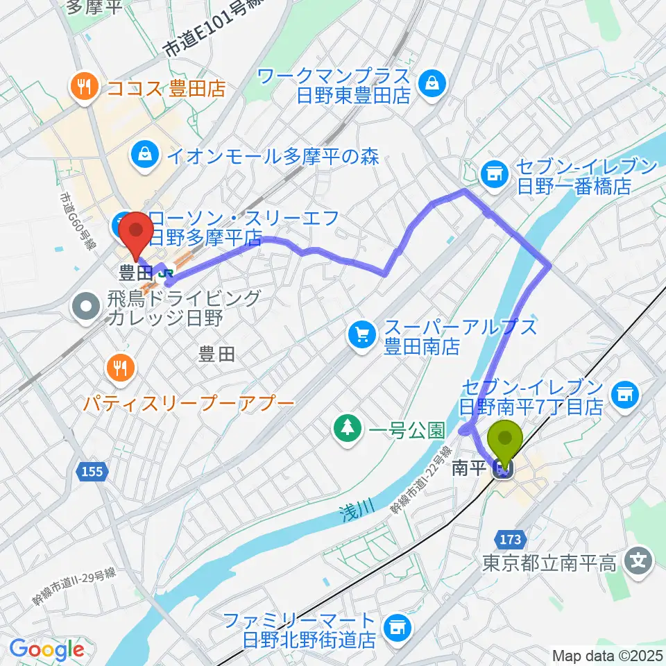南平駅からひの市民活動支援センターへのルートマップ地図