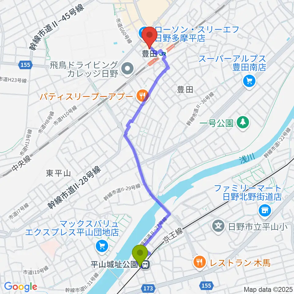 平山城址公園駅からひの市民活動支援センターへのルートマップ地図