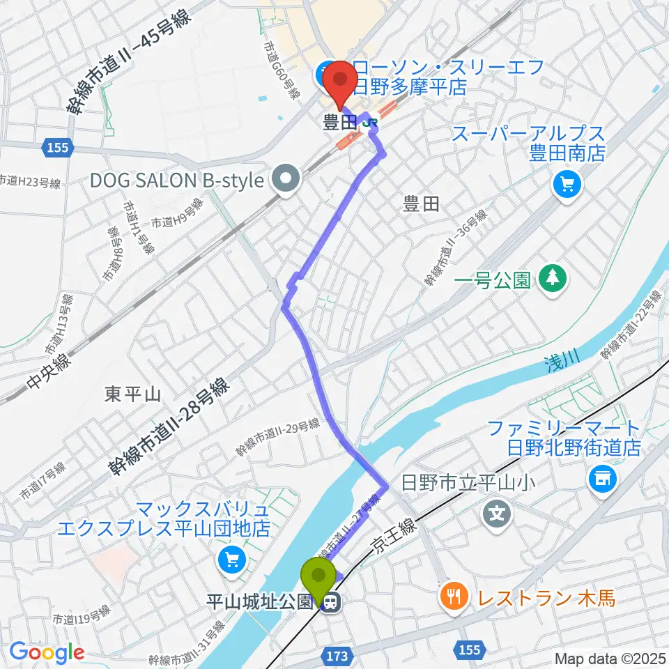 平山城址公園駅からひの市民活動支援センターへのルートマップ地図