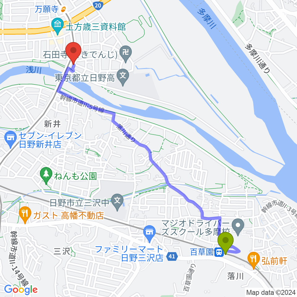 百草園駅から日野市東部会館へのルートマップ地図