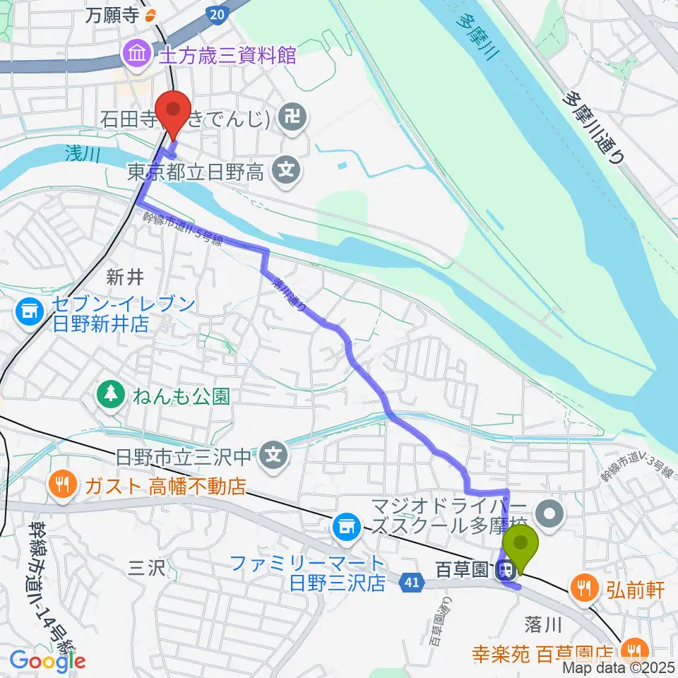 百草園駅から日野市東部会館へのルートマップ地図