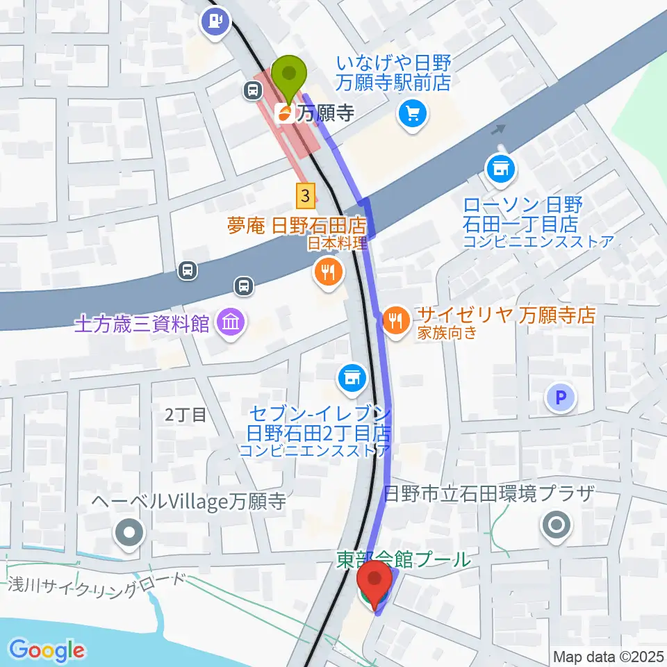 日野市東部会館の最寄駅万願寺駅からの徒歩ルート（約6分）地図