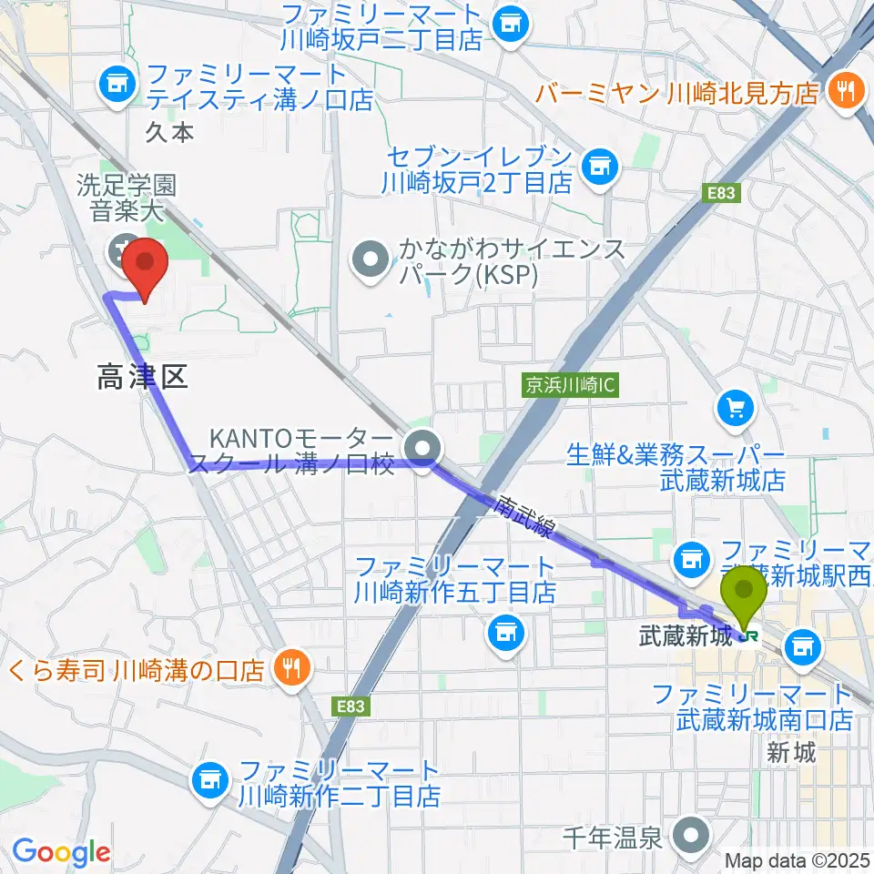 武蔵新城駅から洗足学園 前田ホールへのルートマップ地図