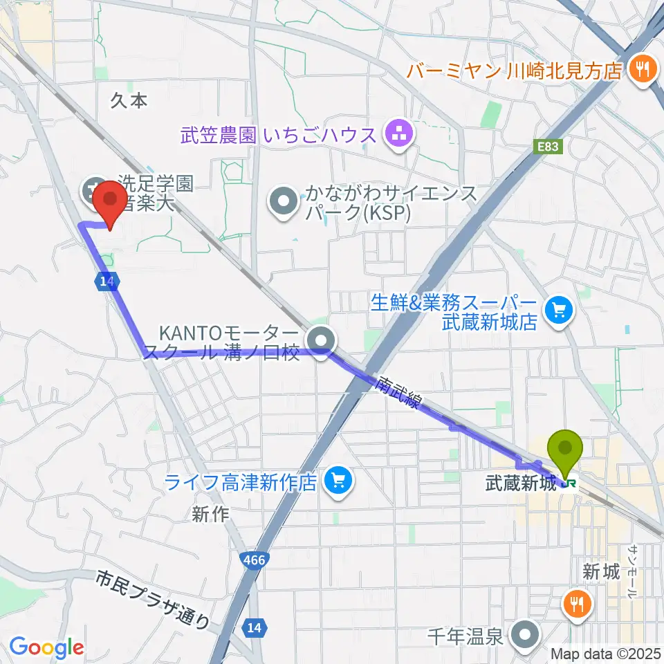 武蔵新城駅から洗足学園 前田ホールへのルートマップ地図