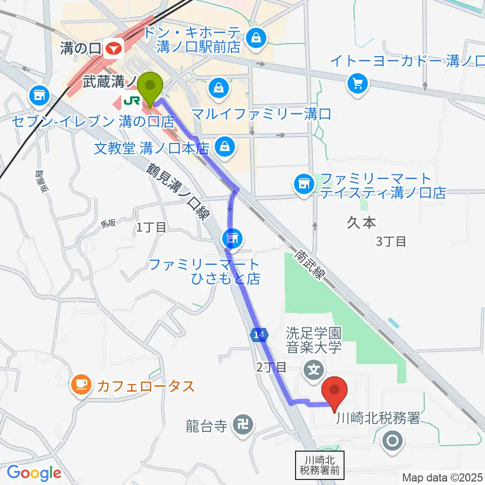 洗足学園 前田ホールの最寄駅武蔵溝ノ口駅からの徒歩ルート（約11分）地図