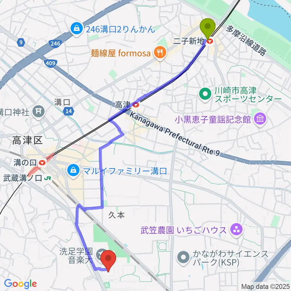 二子新地駅から洗足学園 前田ホールへのルートマップ地図