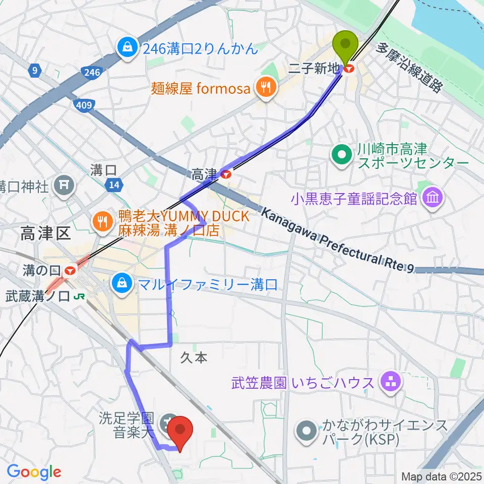 二子新地駅から洗足学園 前田ホールへのルートマップ地図