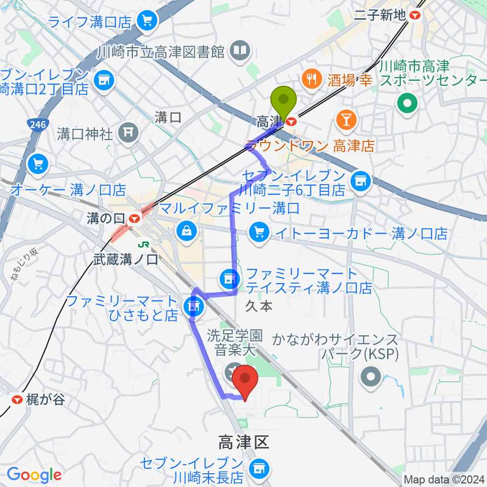 高津駅から洗足学園 前田ホールへのルートマップ地図