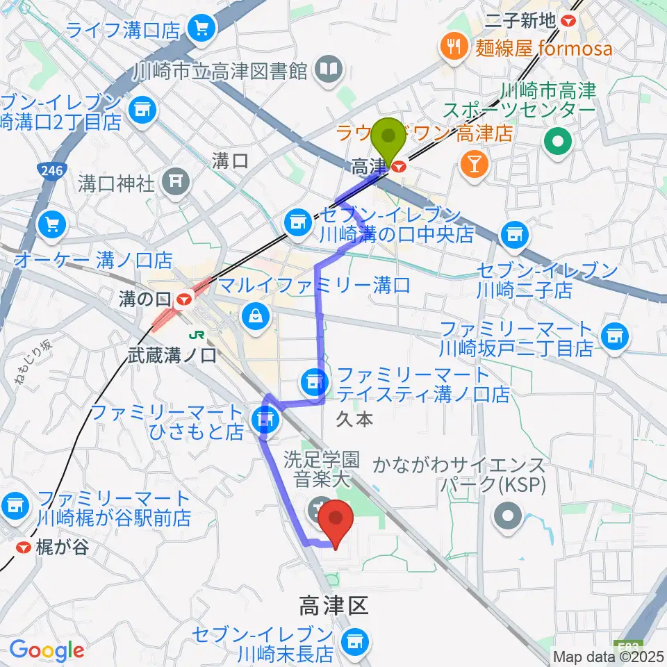 高津駅から洗足学園 前田ホールへのルートマップ地図