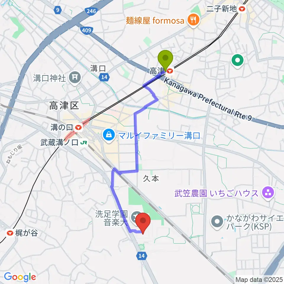 高津駅から洗足学園 前田ホールへのルートマップ地図