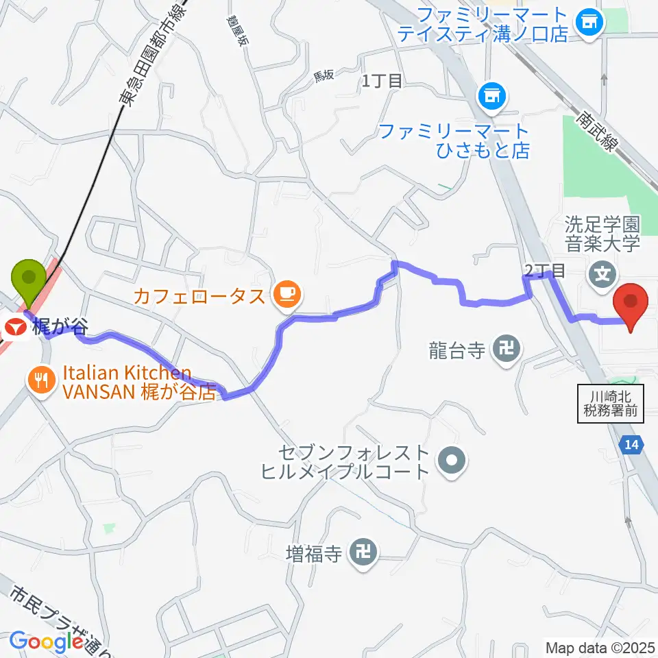 梶が谷駅から洗足学園 前田ホールへのルートマップ地図