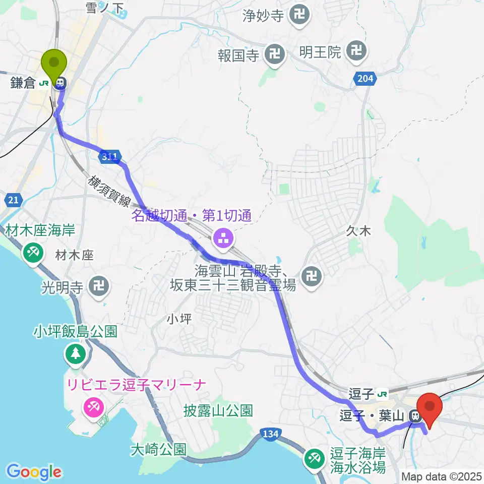 鎌倉駅から逗子文化プラザホールへのルートマップ地図